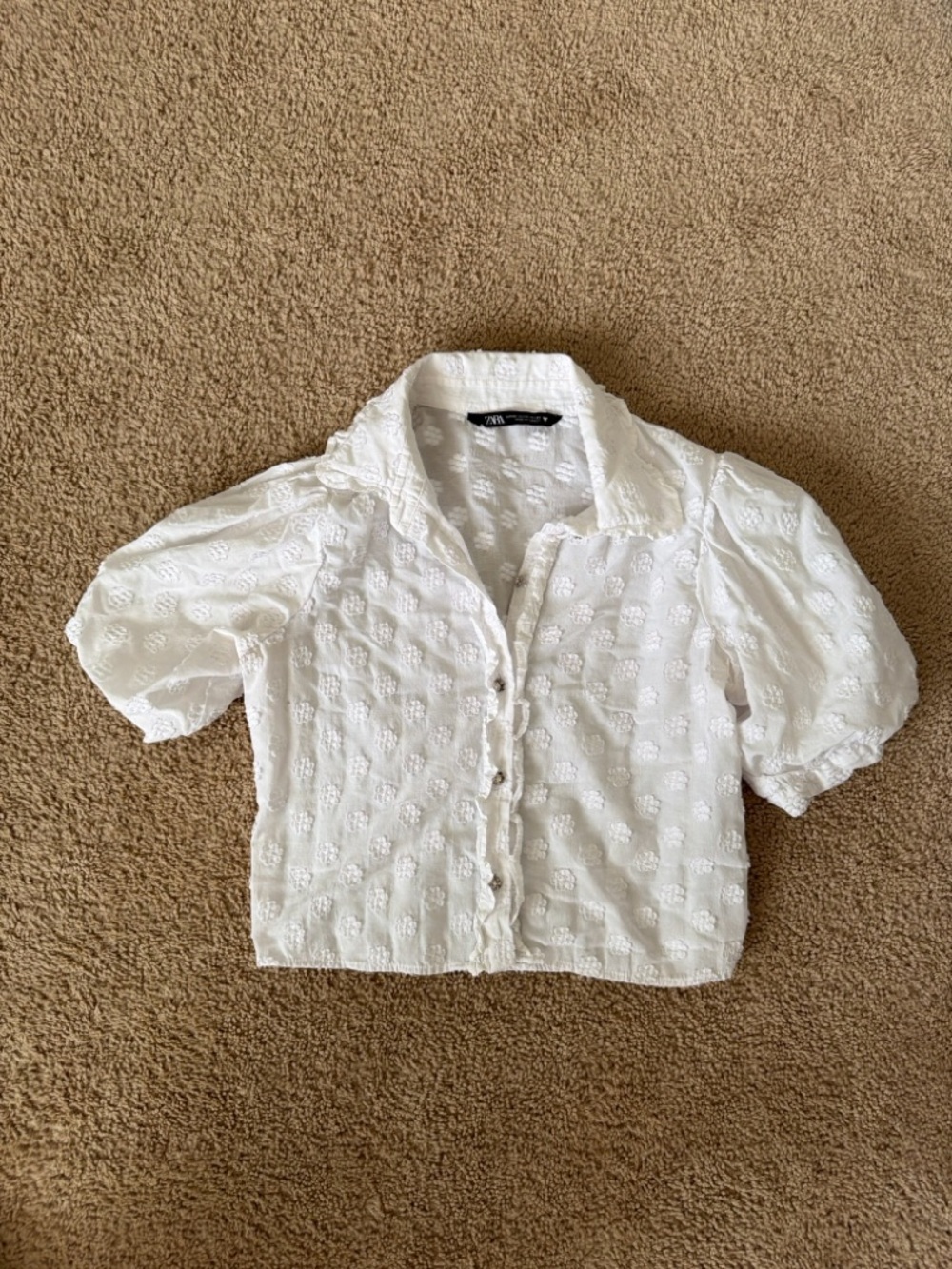 Zara White Eyelet Puff-Sleeve Button-Up Top
